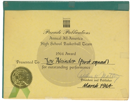 1964 Parade Publication Annual All-America High School Basketball Team "First Squad" Certificate Presented To Lew Alcindor - Spelled "Lou" (Abdul-Jabbar LOA)